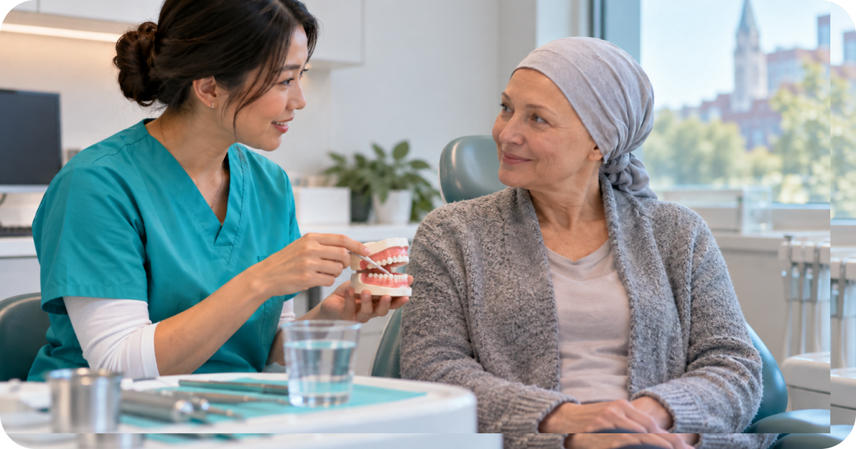 Dental professional demonstrating proper brushing technique to a cancer patient using a dental model.